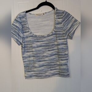 Cloud Dancer Fitted Abstract Line Art Striped Blue and White Crop Top Like New